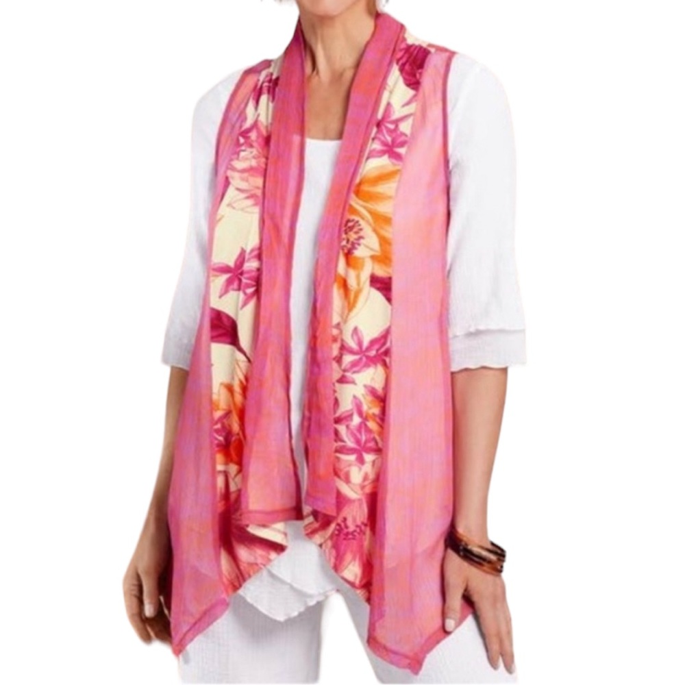 Soft Surroundings Acadia pink and white floral print sleeveless open front vest